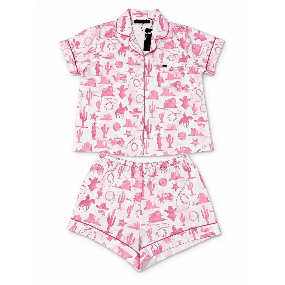 NWT Lucky & Blessed Pink Western Pajama Set Cowgirl Desert Print Shorts Top XL
